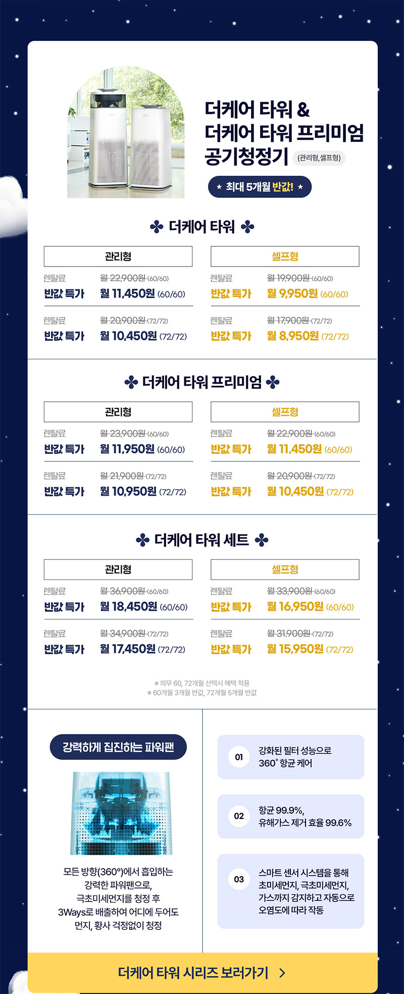 더케어 타워&더케어 타워 프리미엄 공기청정기 최대 5개월 반값